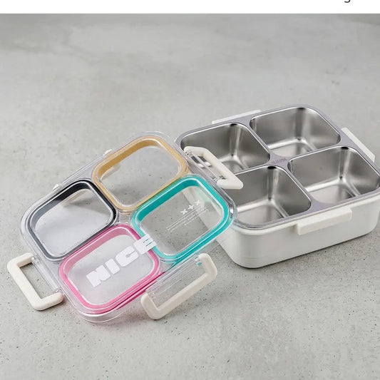 4-Compartment Stainless Steel Lunch Box with Transparent Lid – Multicolour Bento Lunch Box