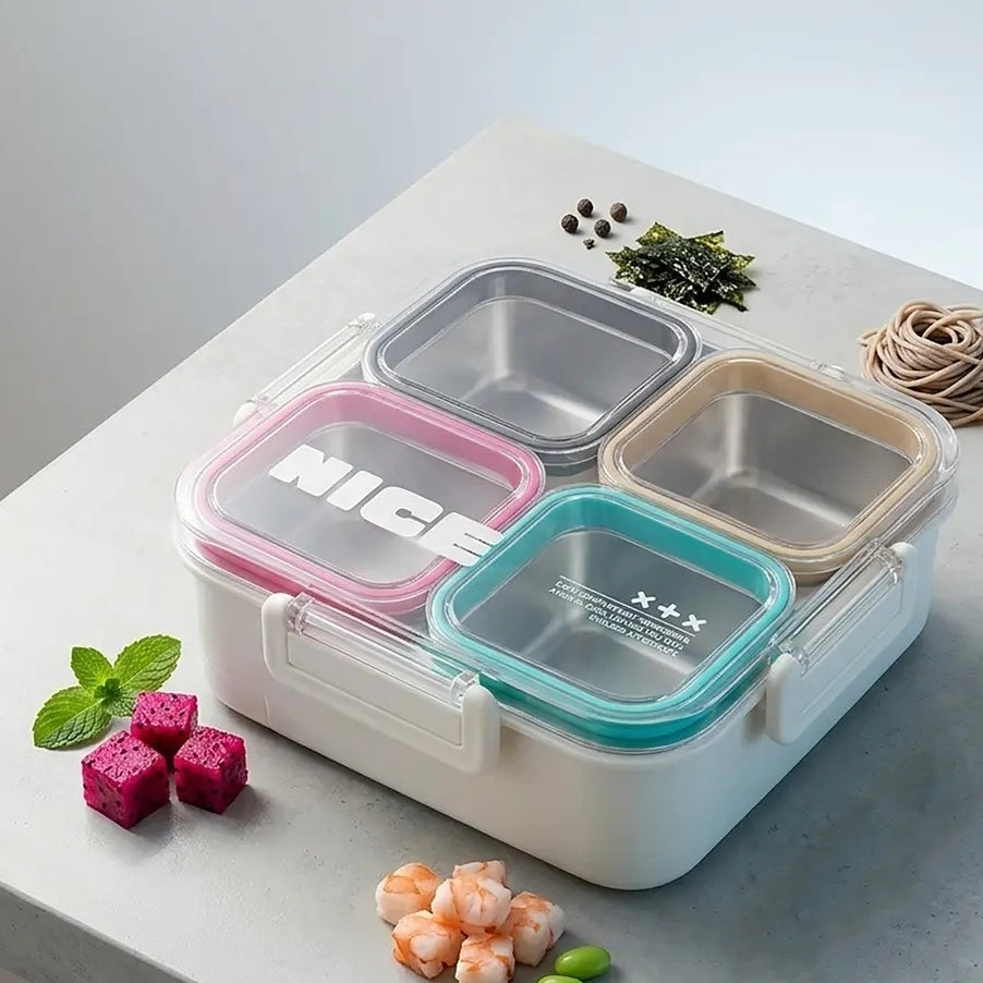 4-Compartment Stainless Steel Lunch Box with Transparent Lid – Multicolour Bento Lunch Box