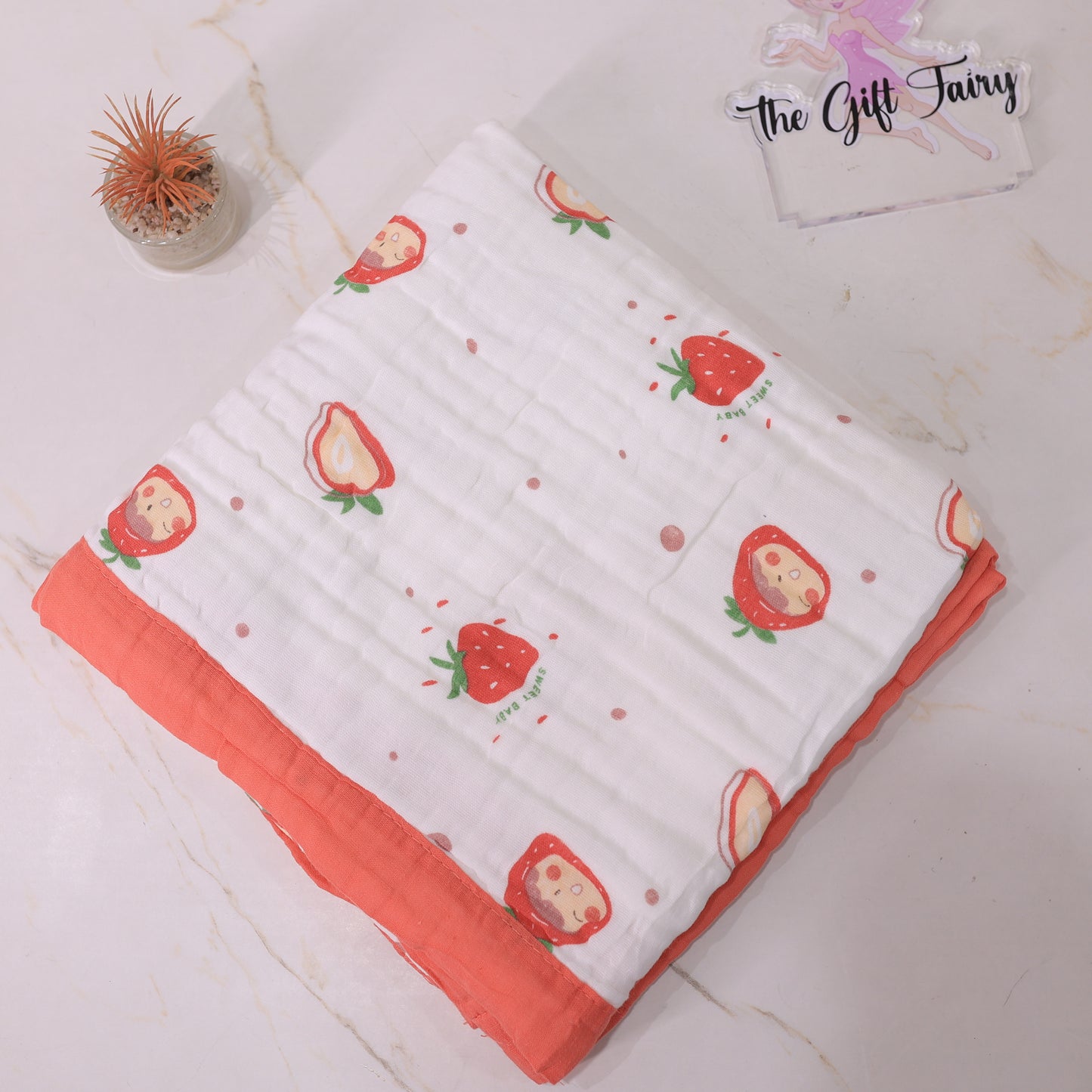 Baby Cotton Muslin Blanket – Strawberry Print Swaddle Wrap