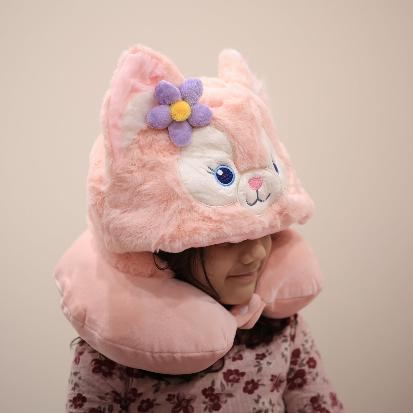 Kids Plush Neck Pillow with Hoodie | Kitty Travel Cushion