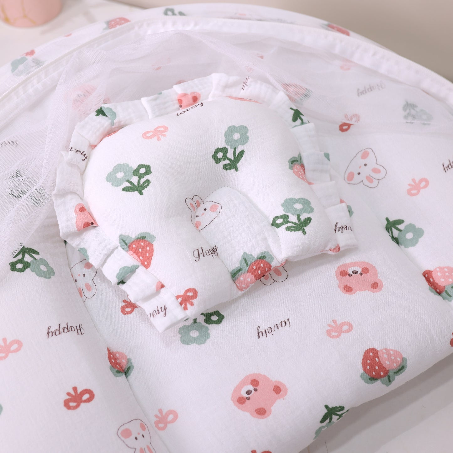 Pure Muslin Foldable Baby Mosquito Net Bed with Mattress and Pillow – Strawberry Print