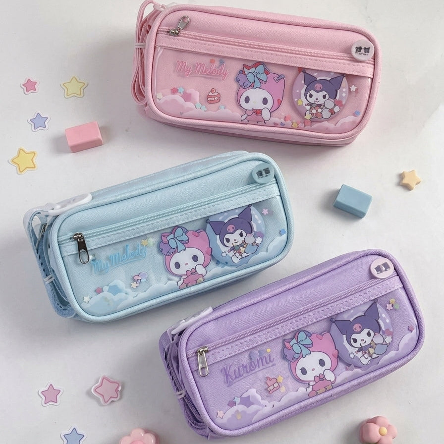 Cute Sanrio My Melody & Kuromi Double-Layer Pencil Pouch – Pastel Design