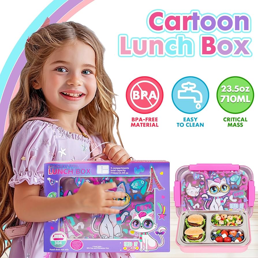 Premium Stainless Steel Bento Lunch Box for Kids | 710ml (23.5oz) | Leak-Proof 3 Compartment | BPA-Free | Kitty Print