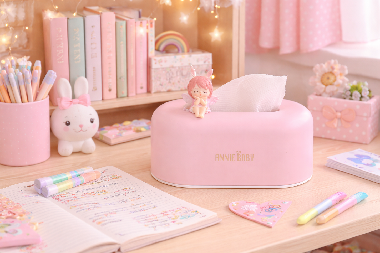 Fairy Tissue Box for Kids Study Table | Cute Bunny Angel Tissue Holder (Pink, White)