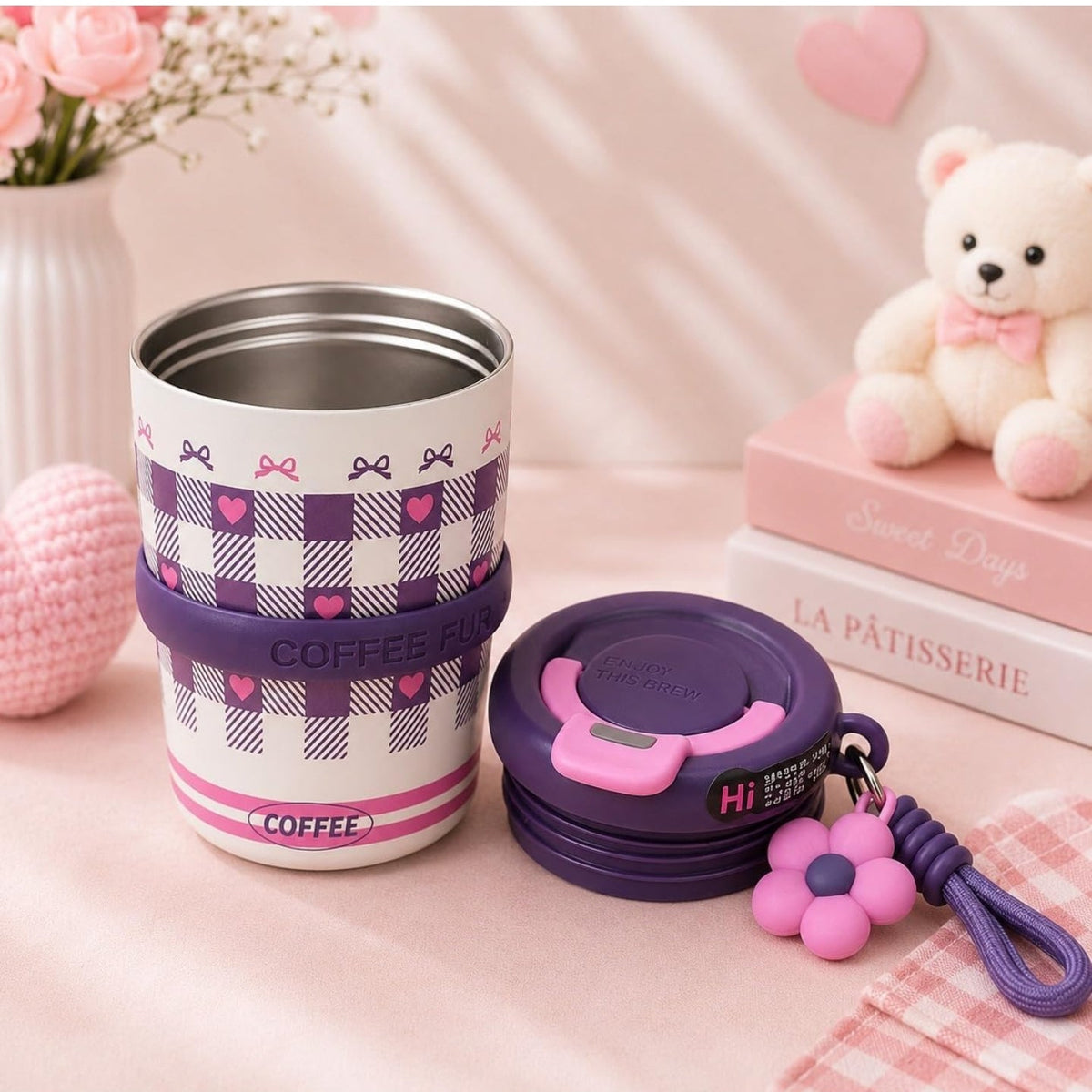 Korean Flower Charm Travel Tumbler 350ml | Cute Portable Coffee Cup