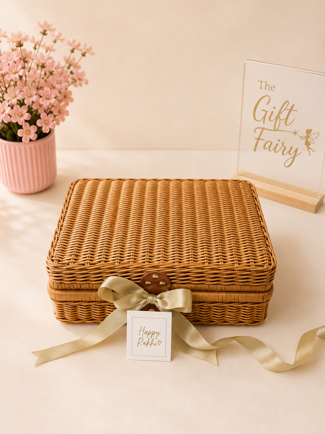 Rakhi Hamper for Sister | Blush Pink Luxury Gift Hamper with Cane Basket