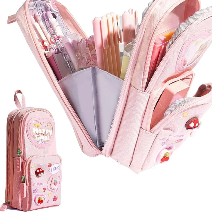 Cute Kawaii 3-Compartment Pencil Pouch – Heart & Glitter Design