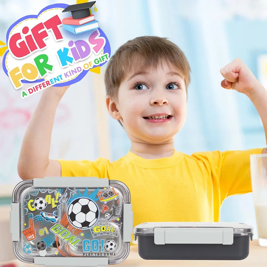 Vest Premium Stainless Steel Bento Lunch Box for Kids | 710ml (23.5oz) | Leak-Proof 3 Compartment | BPA-Free | Football Print