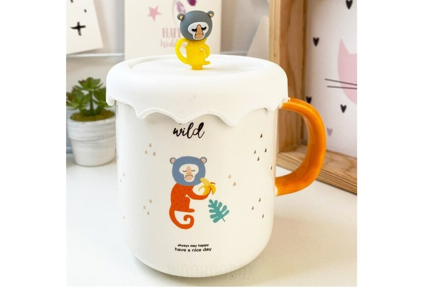 Cute Wild Monkey Ceramic Mug with Lid | Kids Cartoon Coffee Cup with Handle.