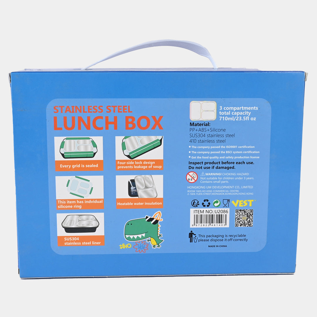 Premium Stainless Steel Bento Lunch Box for Kids | 710ml (23.5oz) | Leak-Proof 3 Compartment | BPA-Free | Dino Print.