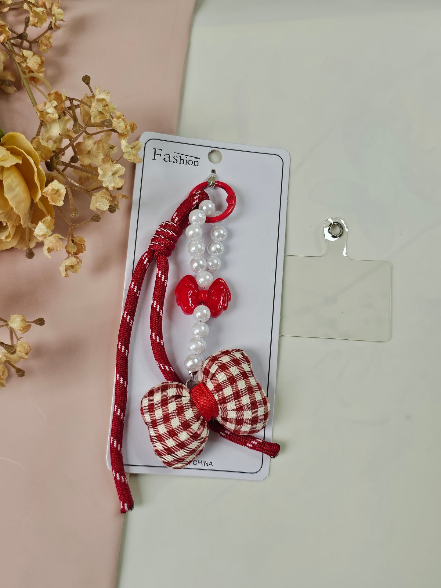 Red Gingham Bow Bag Charm with Pearl Beads & Rope Tassel | Aesthetic Bag Accessory