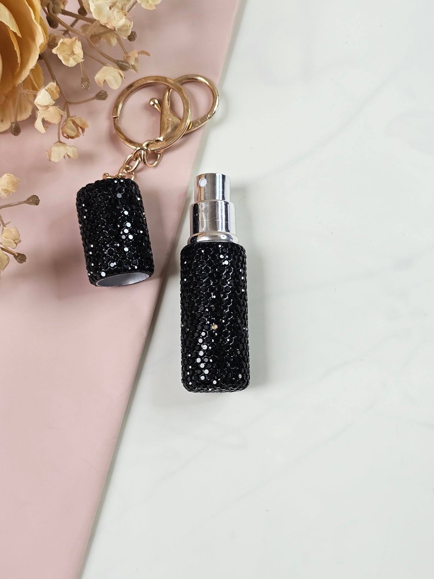 Refillable Rhinestone Perfume Atomizer Keychain | Portable Travel Perfume Spray Bottle | Black & Rose Gold