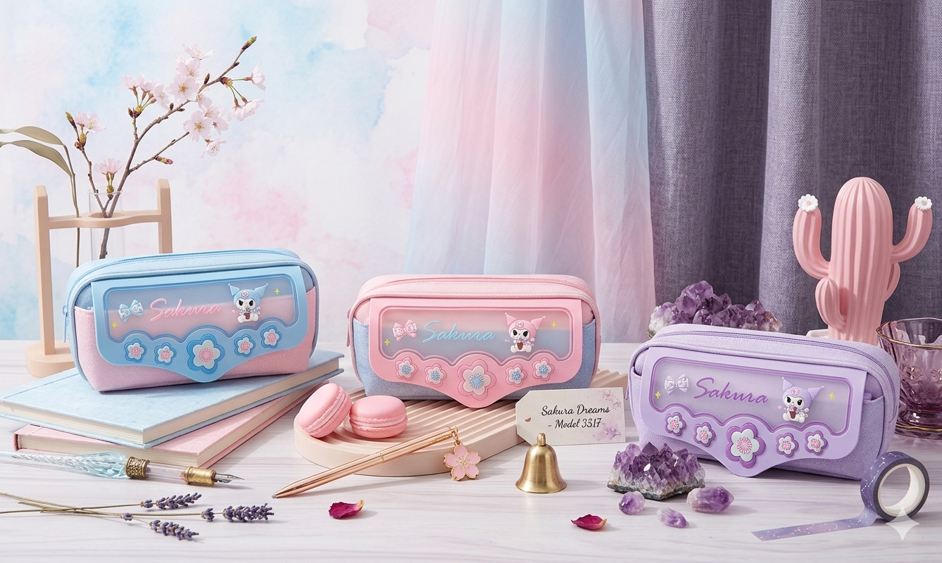 Sakura Dreams Model 3317 – Aesthetic Pastel Pencil Case with Floral Charms