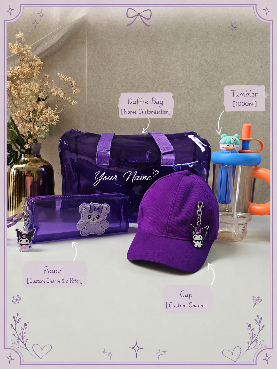 Personalised Rakhi Hamper | Custom Duffle Bag, Cap, Pouch & 1000ml Tumbler | Blue, Purple, Pink & Orange