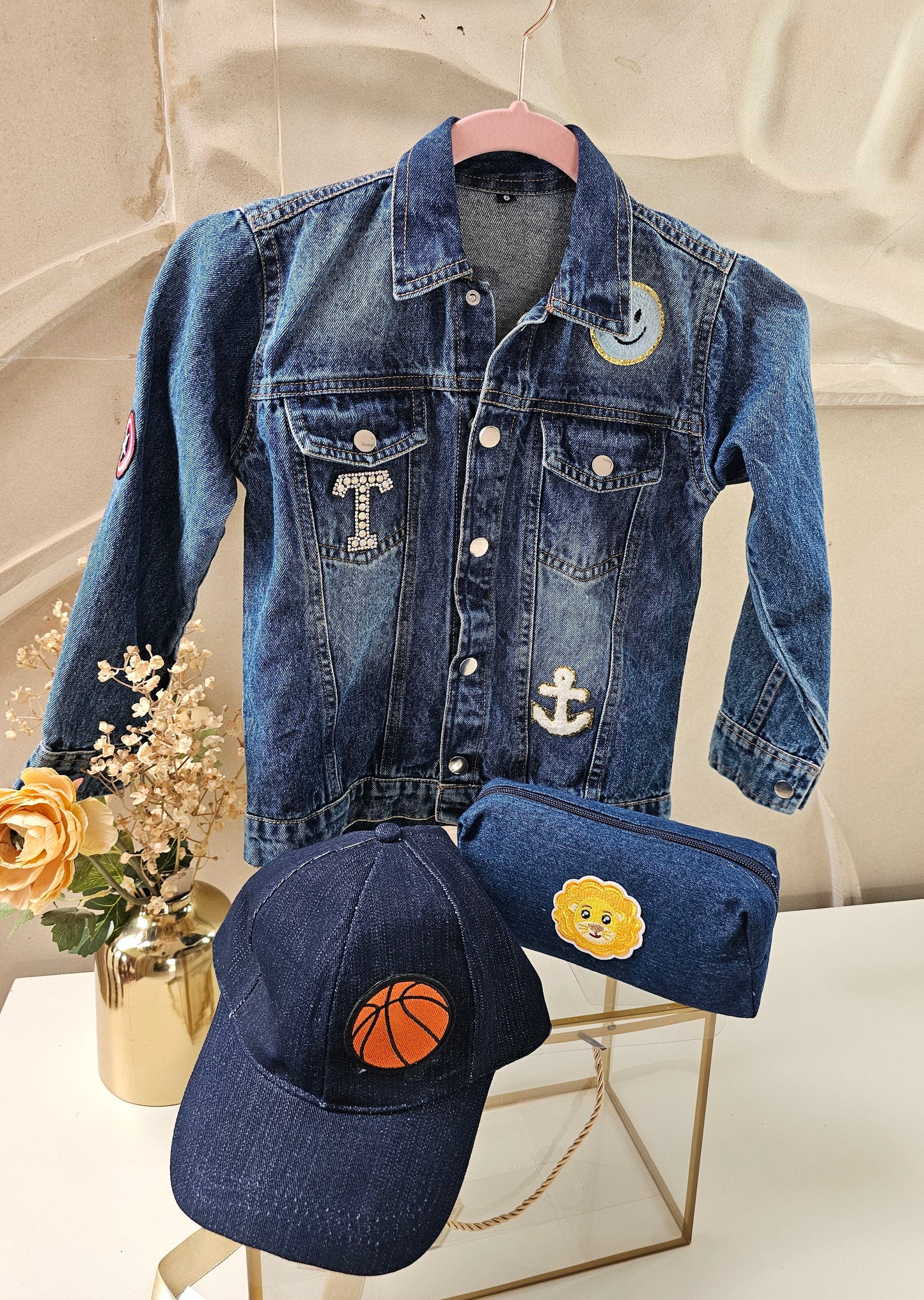 Personalised Kids Denim Jacket Hamper with Cap & Pouch | Custom Name Gift Box