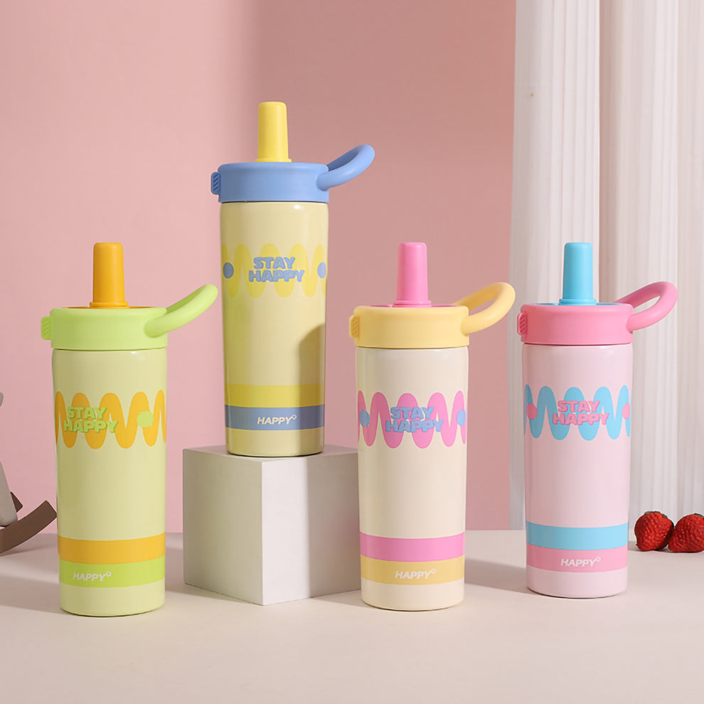 Pastel Wavy Design Water Bottle with Straw & Handle – Stay Happy Sipper Bottle