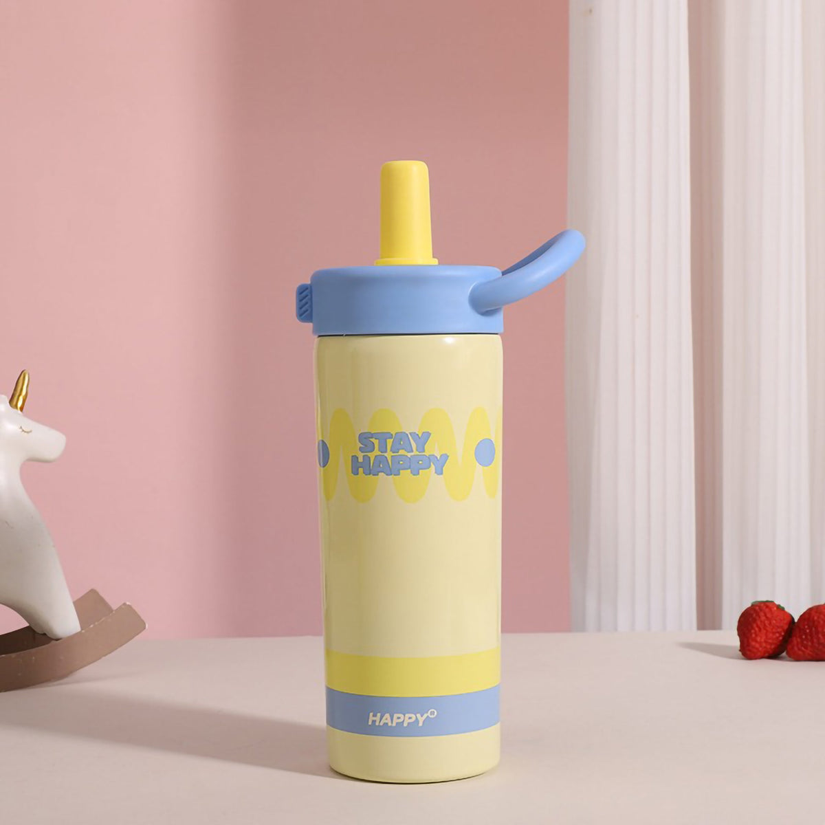 Pastel Wavy Design Water Bottle with Straw & Handle – Stay Happy Sipper Bottle