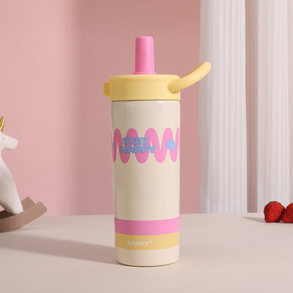 Pastel Wavy Design Water Bottle with Straw & Handle – Stay Happy Sipper Bottle