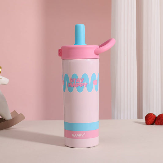 Pastel Wavy Design Water Bottle with Straw & Handle – Stay Happy Sipper Bottle