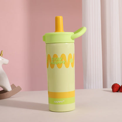 Pastel Wavy Design Water Bottle with Straw & Handle – Stay Happy Sipper Bottle