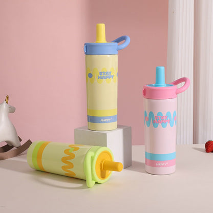 Pastel Wavy Design Water Bottle with Straw & Handle – Stay Happy Sipper Bottle
