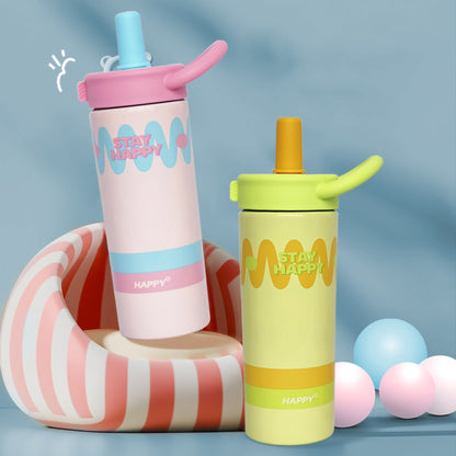 Pastel Wavy Design Water Bottle with Straw & Handle – Stay Happy Sipper Bottle
