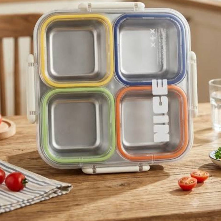 4-Compartment Stainless Steel Lunch Box with Transparent Lid – Multicolour Bento Lunch Box
