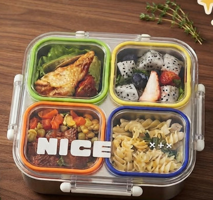 4-Compartment Stainless Steel Lunch Box with Transparent Lid – Multicolour Bento Lunch Box