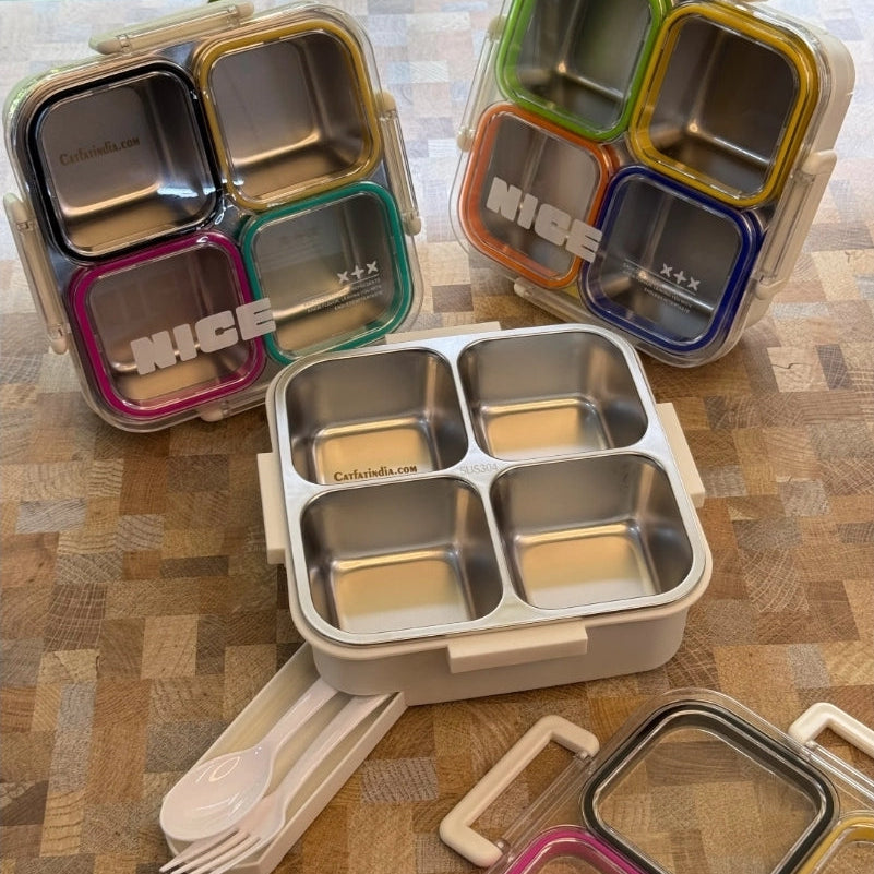 4-Compartment Stainless Steel Lunch Box with Transparent Lid – Multicolour Bento Lunch Box