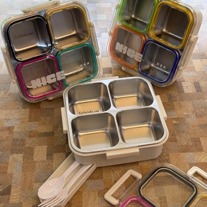 4-Compartment Stainless Steel Lunch Box with Transparent Lid – Multicolour Bento Lunch Box