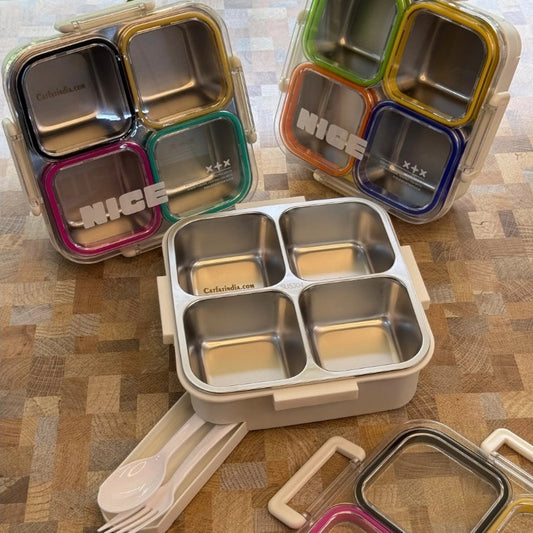 4-Compartment Stainless Steel Lunch Box with Transparent Lid – Multicolour Bento Lunch Box