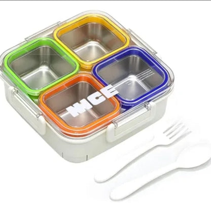 4-Compartment Stainless Steel Lunch Box with Transparent Lid – Multicolour Bento Lunch Box