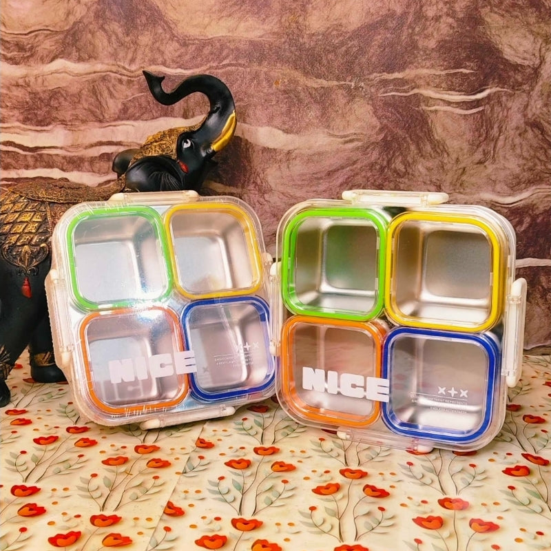 4-Compartment Stainless Steel Lunch Box with Transparent Lid – Multicolour Bento Lunch Box