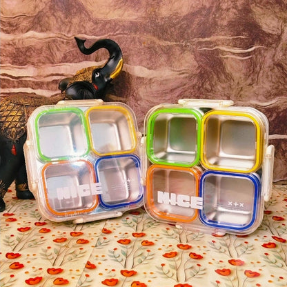 4-Compartment Stainless Steel Lunch Box with Transparent Lid – Multicolour Bento Lunch Box