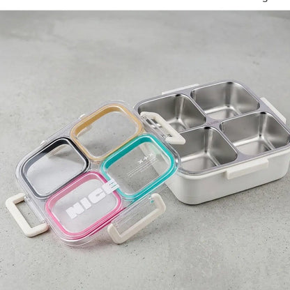 4-Compartment Stainless Steel Lunch Box with Transparent Lid – Multicolour Bento Lunch Box