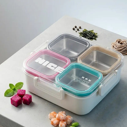 4-Compartment Stainless Steel Lunch Box with Transparent Lid – Multicolour Bento Lunch Box