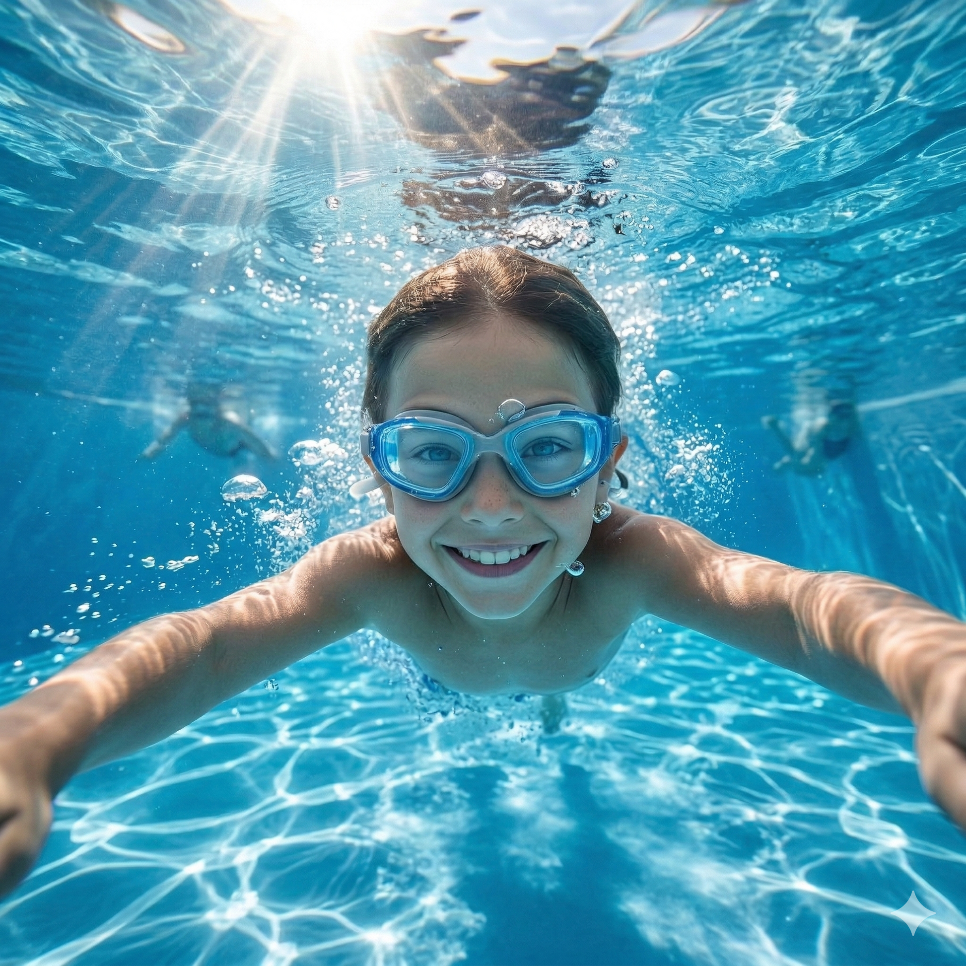 Child swimming underwater in a pool with blue goggles