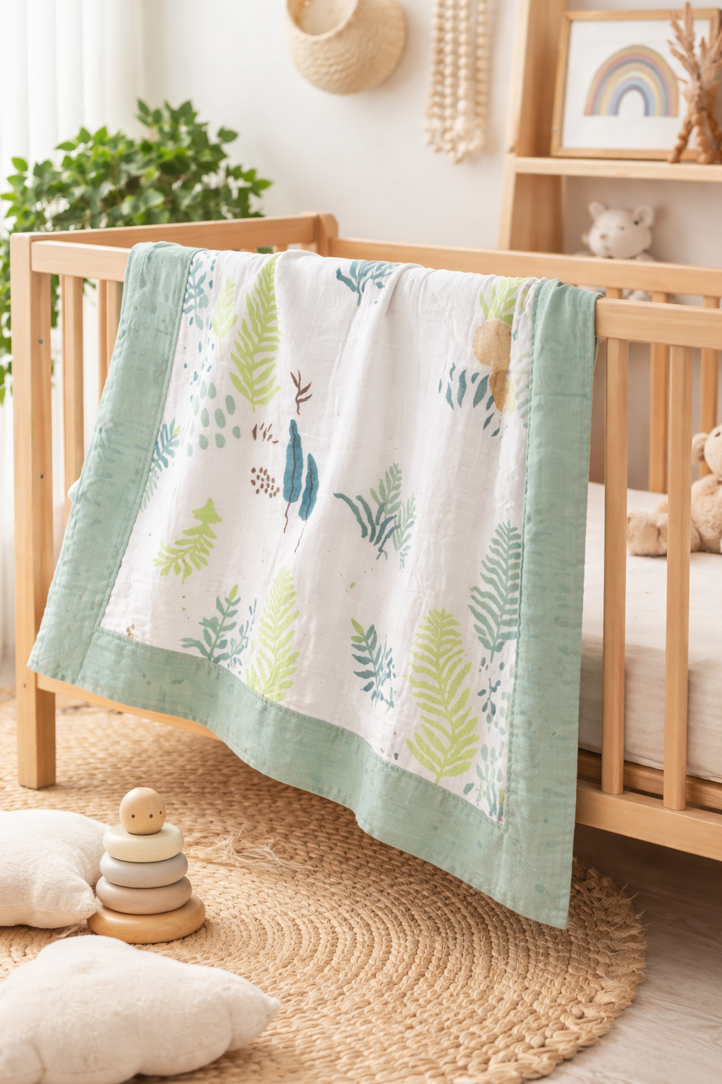 Crib with a green and white leaf-patterned blanket in a nursery setting.