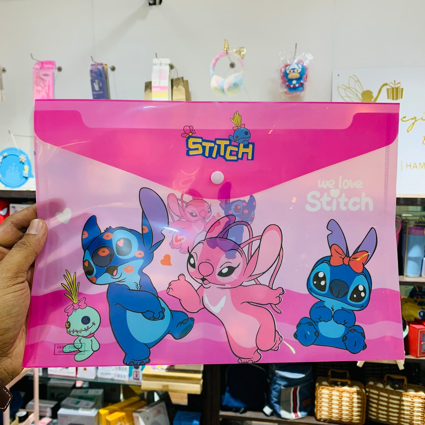 Stitch A4 Button Document Folder – Cartoon Plastic File Pouch