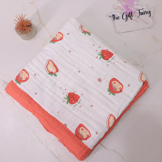 Baby Cotton Muslin Blanket – Strawberry Print Swaddle Wrap