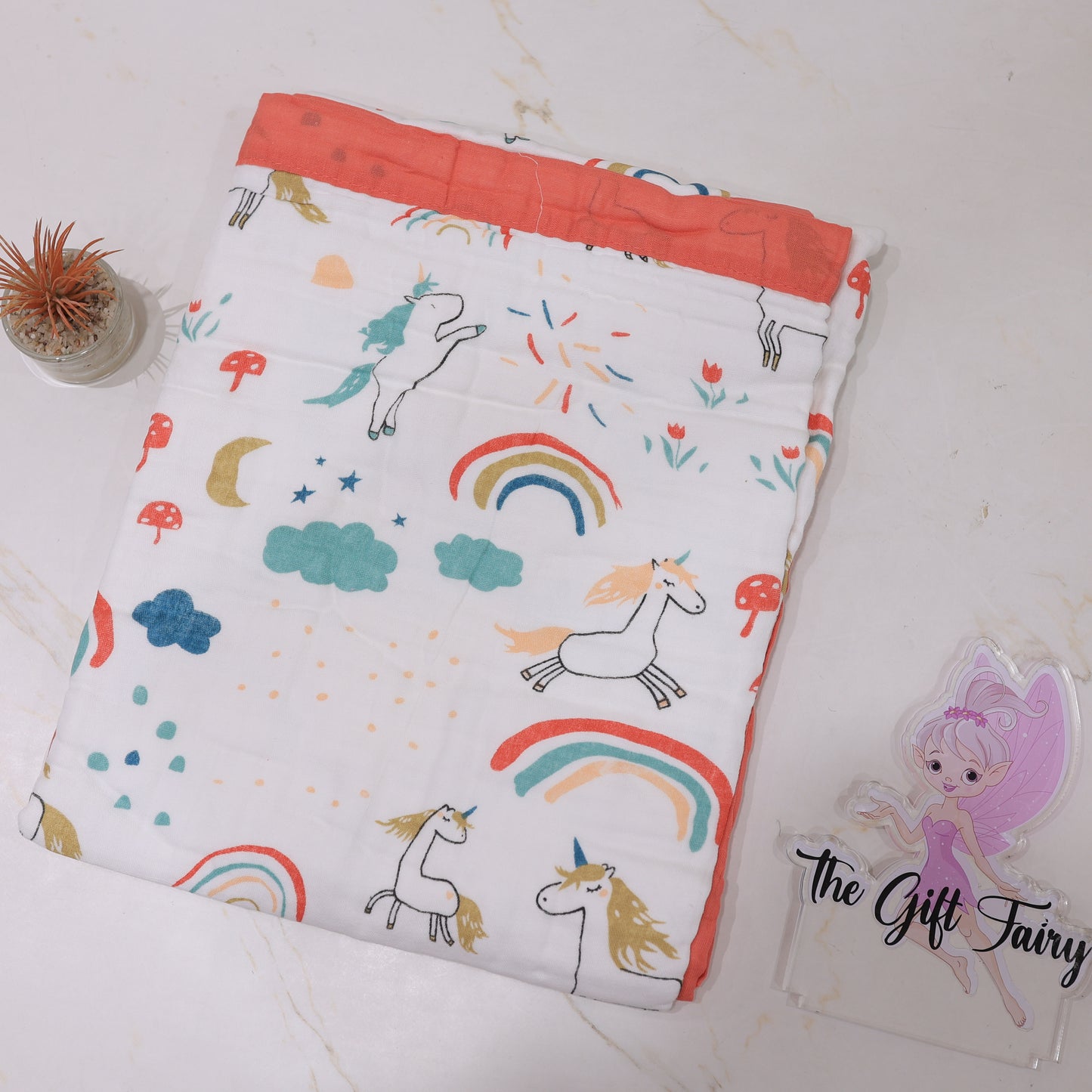 Baby Cotton Muslin Blanket – Cute Unicorn Rainbow Print Baby Swaddle