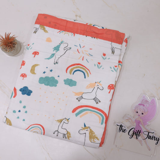 Baby Cotton Muslin Blanket – Cute Unicorn Rainbow Print Baby Swaddle