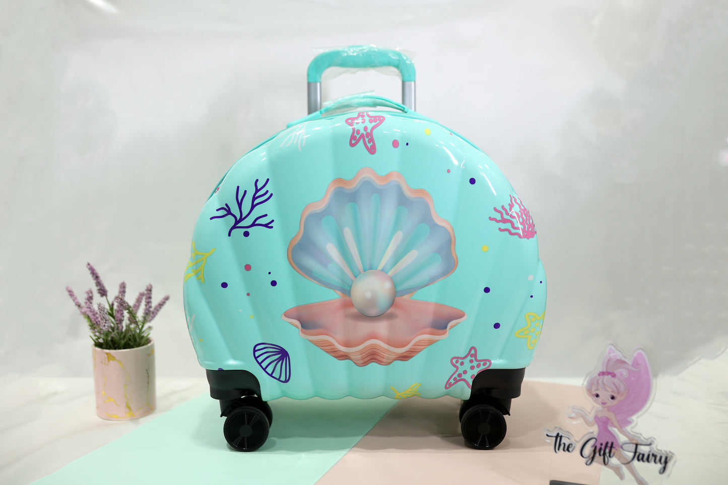 Mermaid Shell Kids Trolley Bag with Wheels | Cute Travel Luggage - Mint Blue