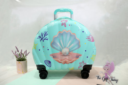 Mermaid Shell Kids Trolley Bag with Wheels | Cute Travel Luggage - Mint Blue