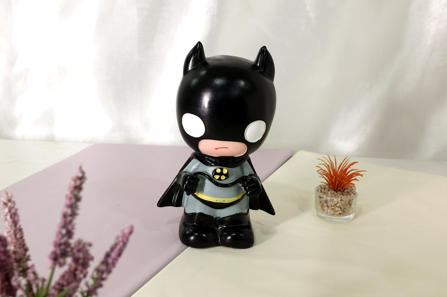 Superhero-Style Character Piggy Bank – Black Design