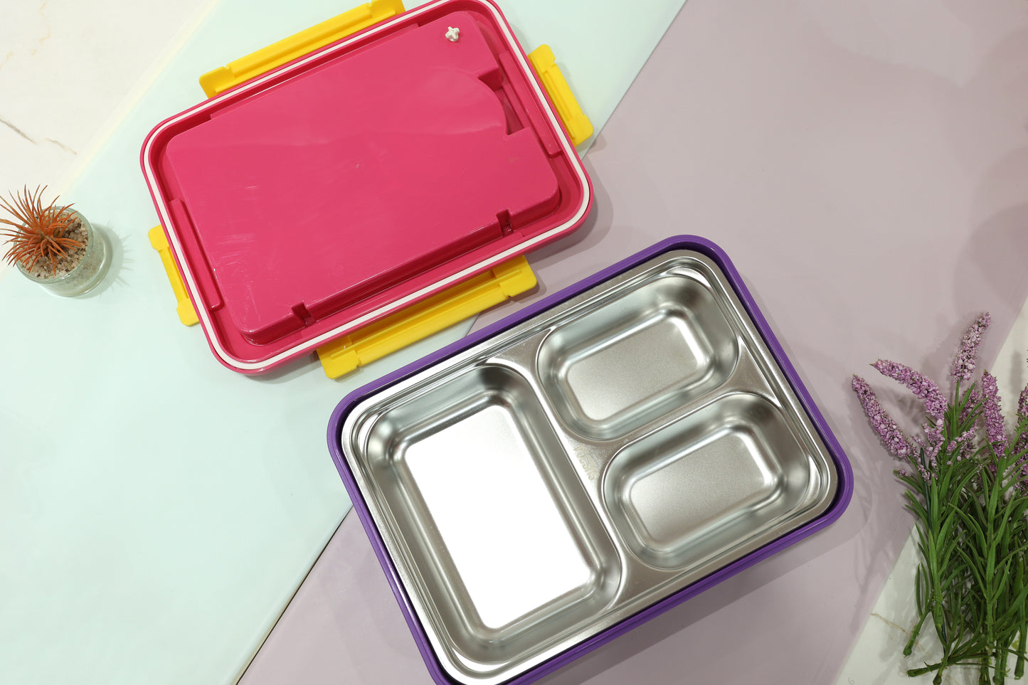 Fooddict 3-Compartment Stainless Steel Lunch Box with Leak-Resistant Lid