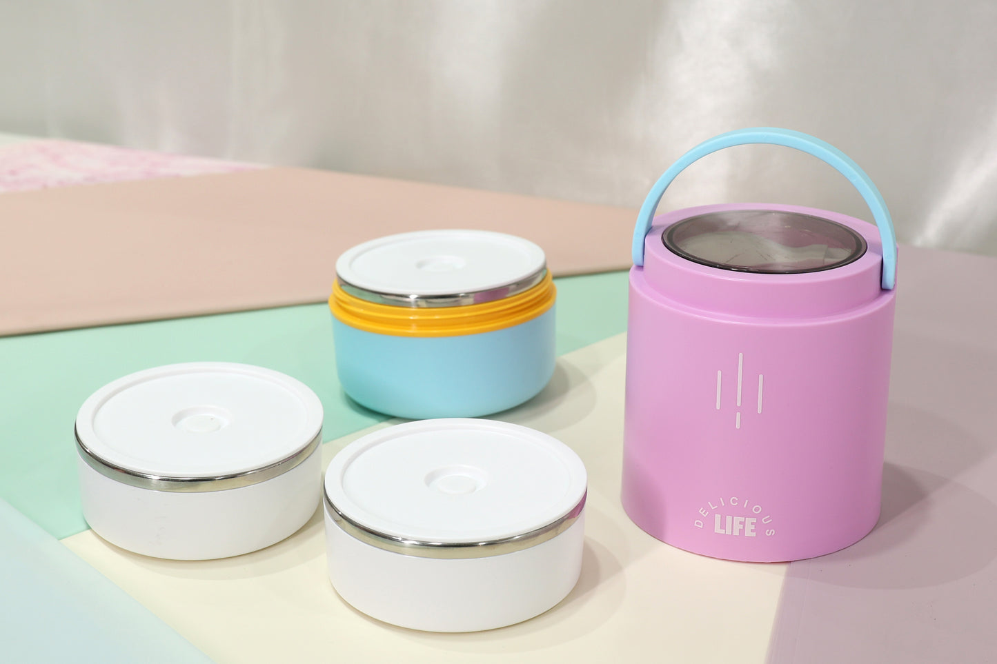 Pastel Bento Lunch Box Set with Handle – 3 Containers with Lids