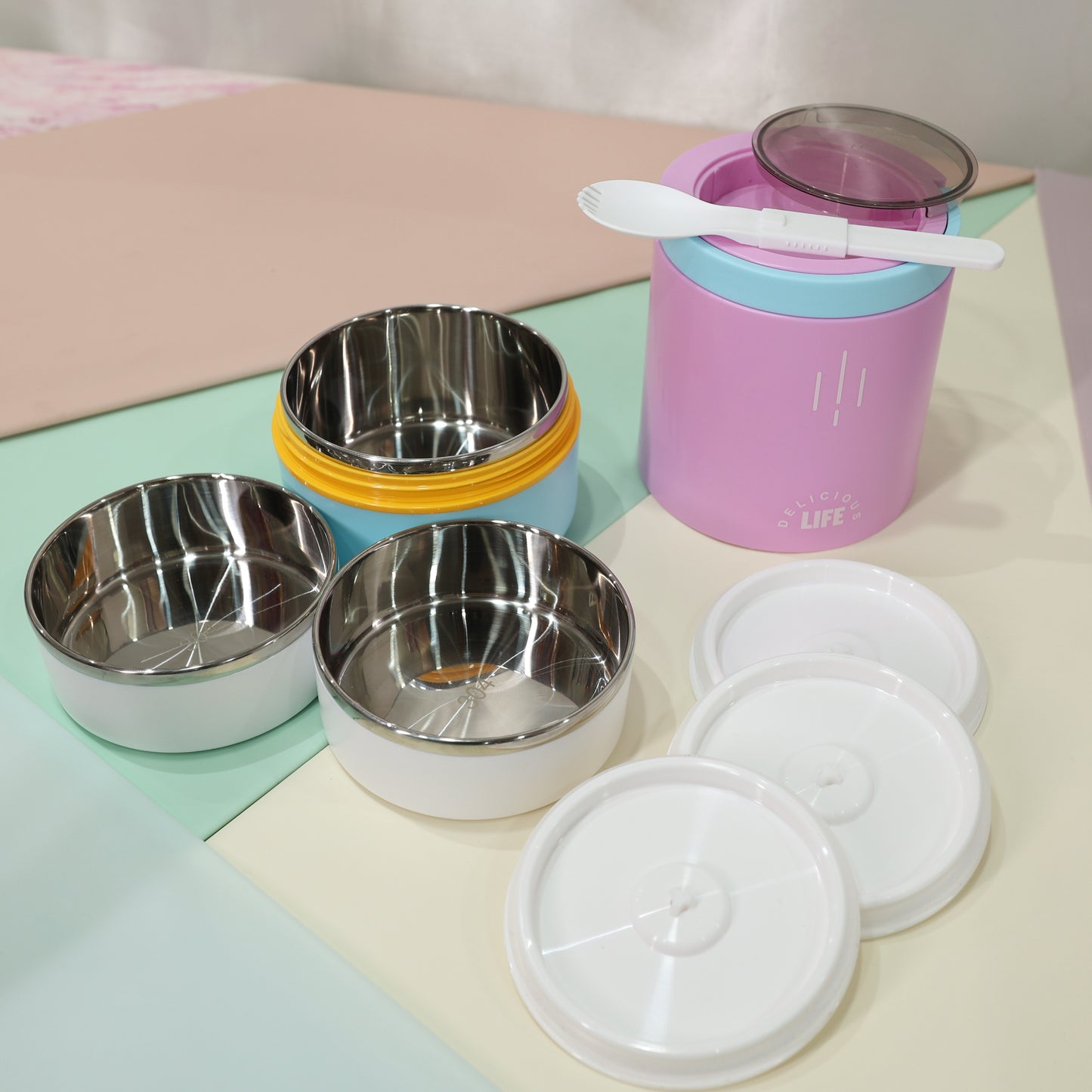 Pastel Bento Lunch Box Set with Handle – 3 Containers with Lids