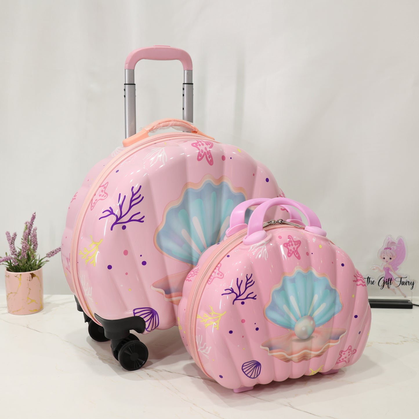 Mermaid Shell Kids Ride-On Trolley Bag | Cute Travel Luggage – Blush Pink
