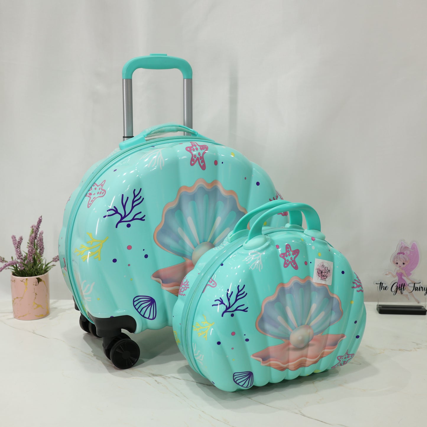 Mermaid Shell Kids Trolley Bag with Wheels | Cute Travel Luggage - Mint Blue